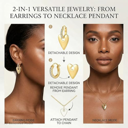 14K Gold Plated Heart Drop Earrings - 2-in-1 Detachable Huggie Hoops with CZ - Hypoallergenic Dangle Jewelry Gift for Women