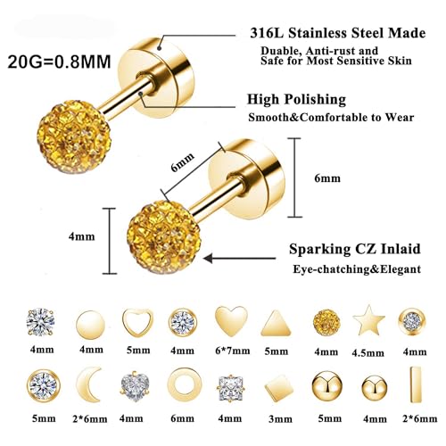 18Pairs 20G 18G Stainless Steel Tiny Stud Earrings for Women Cartilage Helix Earrings Ball Star CZ Earrings - color: Gold, size: 20G