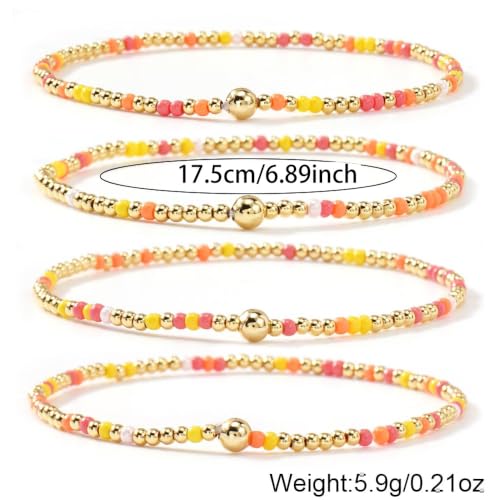 Seed Beaded Stack Bracelets Set for Women,Small Boho 4Pcs Colorful Handmade Dainty Trendy Gold Stretch Accessories Jewelry, Summer Daily Party Friendship Gift - color: Yellow
