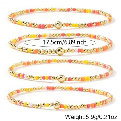 Seed Beaded Stack Bracelets Set for Women,Small Boho 4Pcs Colorful Handmade Dainty Trendy Gold Stretch Accessories Jewelry, Summer Daily Party Friendship Gift - color: Yellow