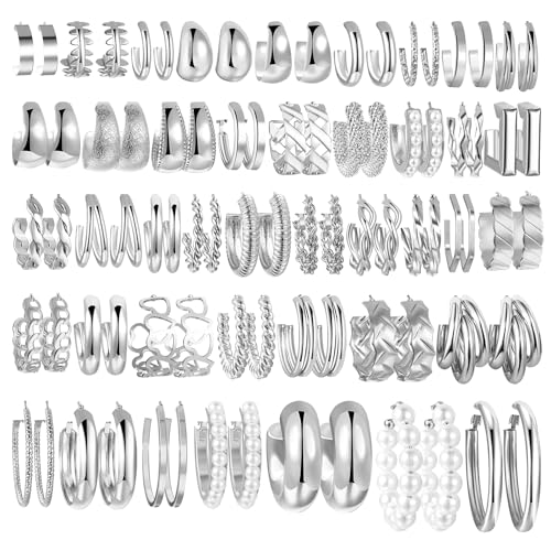 42 Pairs Gold Hoop Earrings Set for Women, Hypoallergenic Multipack Small to Chunky Hoops, Pearl & Twisted Trendy Earrings for Everyday Wear & Mothers Day Gifts - color: Sliver Chunky-42 pairs