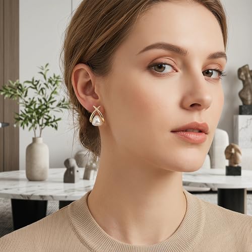 Gold Pearl Earrings For Women Gold Plated Stud Dangle Earrings | Gold Plated Pearl Earrings For Women Lightweight Stud And Dangle Design For Daily Wear Office Party Wedding Vacation