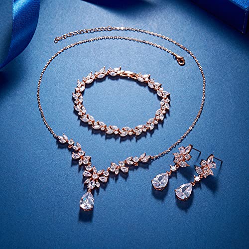 EleQueen Women's Wedding Bridal Jewelry Set for Brides Bridesmaids, Silver/14K Gold/Rose Gold Plated Cubic Zirconia Teardrop Necklace Dangle Earrings Bracelet Sets for Party Prom - color: 03-Rose Gold-Necklace+Earrings+bracelet