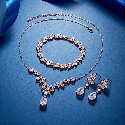EleQueen Women's Wedding Bridal Jewelry Set for Brides Bridesmaids, Silver/14K Gold/Rose Gold Plated Cubic Zirconia Teardrop Necklace Dangle Earrings Bracelet Sets for Party Prom - color: 03-Rose Gold-Necklace+Earrings+bracelet