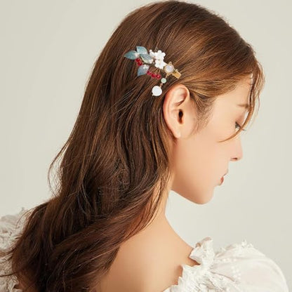 A Pair Wedding Hair Clips, Handmade Floral Design Crystal Hair Clips Pearl Barrettes, Rhinestones Flower Clips Pearl Headpieces Hair Pins Hair Accessories for Women Girls (Blue&Red) - color: Blue&Red