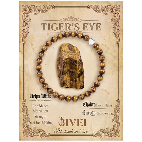 Bivei Crystal Stretch 6mm Bracelets for Women | Handmade Natural Stone Beaded Stretch Bracelet, Stainless Steel Heart Bead, Tranquility Yoga Gift Jewelry for Women - color: Tiger Eye - Empowering