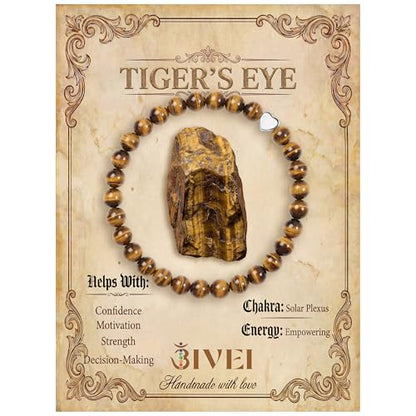 Bivei Crystal Stretch 6mm Bracelets for Women | Handmade Natural Stone Beaded Stretch Bracelet, Stainless Steel Heart Bead, Tranquility Yoga Gift Jewelry for Women - color: Tiger Eye - Empowering