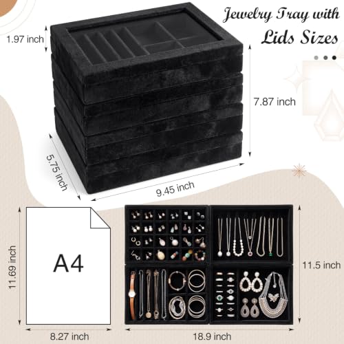 SiliFine Set of 4 Large Stackable Velvet Jewelry Trays with 4 Lids,Black - color: Black