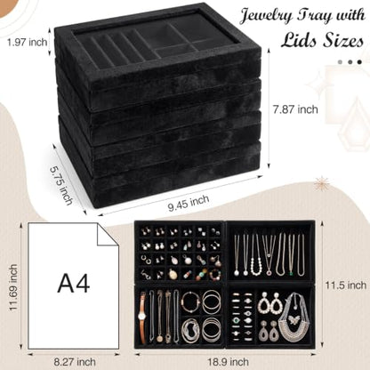 SiliFine Set of 4 Large Stackable Velvet Jewelry Trays with 4 Lids,Black - color: Black