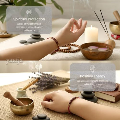 Yautja Tibetan Buddhist Red Buddha Spiritual Protection Red String Bracelet | Meditation Prayer Jewelry for Good Luck Health Wealth, Cinnabar Beads Exorcism Bracelet with Amulet Card, Handmade Adjustable - color: winered with talisman
