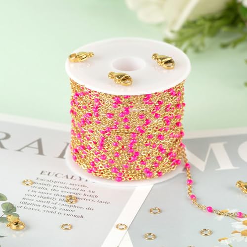 KYUNHOO 16.4 Feet/5M Rose Red Enamel Beaded Chain for Jewelry Making | Gold Plated Stainless Steel Chain Spool Cross Cable Link Chains Bulk with Lobster Clasps and Jump Rings - color: Gold-Rose-2mm
