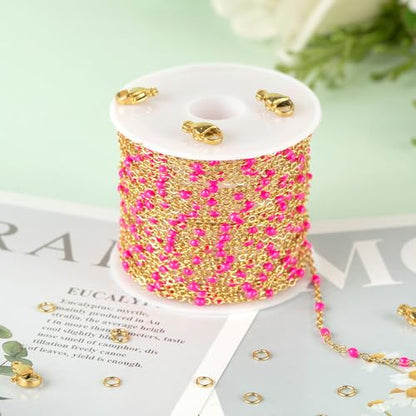 KYUNHOO 16.4 Feet/5M Rose Red Enamel Beaded Chain for Jewelry Making | Gold Plated Stainless Steel Chain Spool Cross Cable Link Chains Bulk with Lobster Clasps and Jump Rings - color: Gold-Rose-2mm