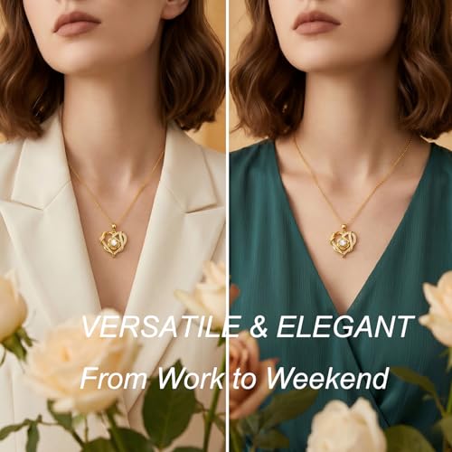 KQ&TTENG Heart Necklaces for Women 14K Gold Plating Hearts Necklace CZ Romantic Rose Pendant Mothers Day Anniversary Birthday Gift for Wife Mom Her - style: 12-Rose Ribbon Necklace