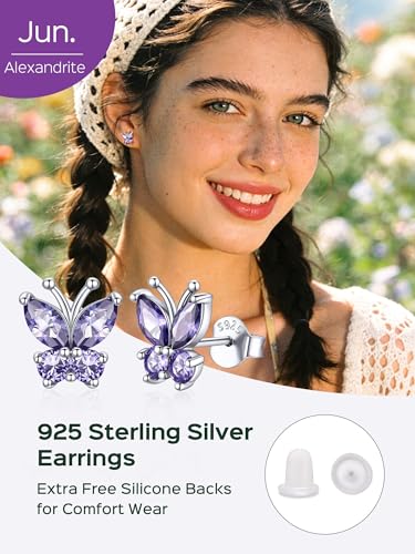 ChicSilver 925 Sterling Silver Bow/Butterfly Earrings for Women Hypoallergenic Birthstone Earrings Dainty Bow/Butterfly Jewelry Gift for Women - color: Butterfly-June-Alexandrite
