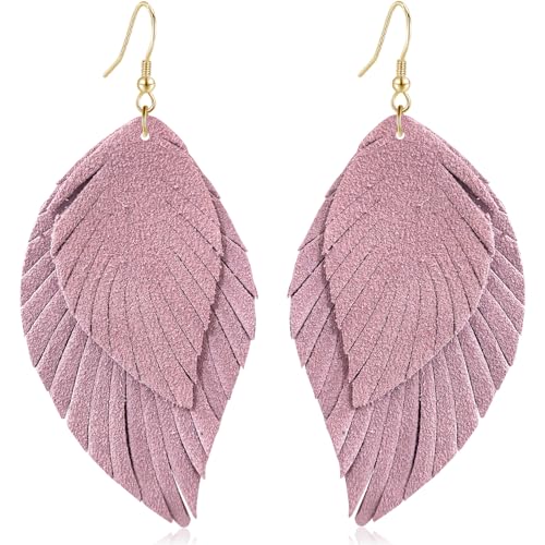 Genuine Leather Handmade Fringe Feather Lightweight Dangle Drop Earrings Teardrop Tassel Hook Earrings for Women - style: 8 Light Pink