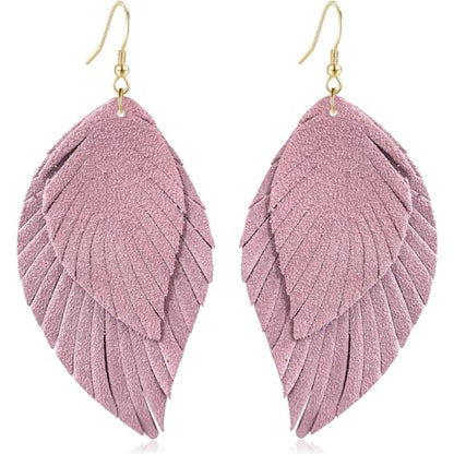 Genuine Leather Handmade Fringe Feather Lightweight Dangle Drop Earrings Teardrop Tassel Hook Earrings for Women - style: 8 Light Pink
