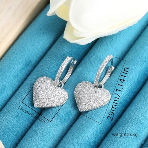 Dainty Full Cubic Zirconia Heart Dangle Small Hoop Earrings for Women Ladies Trendy Sweet Crystal Bling CZ Love Charm Drop Huggie Earring for Her Birthday Valentines Mother's Day Fine Jewelry Gifts - color: Silver-tone