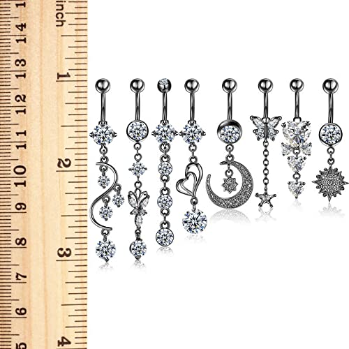 Hicarer 8 Pieces 14G Belly Button Rings Steel Long Dangle Navel Ring CZ Body Piercing Jewelry - color: Black