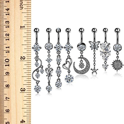 Hicarer 8 Pieces 14G Belly Button Rings Steel Long Dangle Navel Ring CZ Body Piercing Jewelry - color: Black