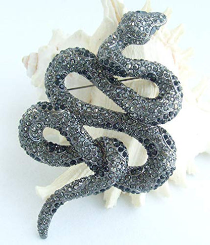 Classic 3.94" Unique Animal Snake Brooch Pin Pendant Austrian Crystal BZ5847 - color: Black-Tone Black Gray