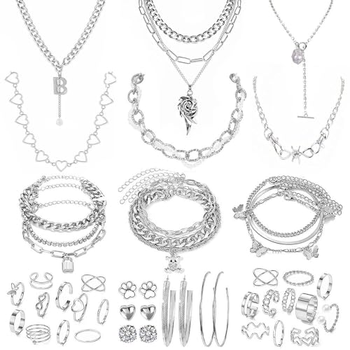Stocking Stuffers Gold plate and Silver Plated Jewelry Sets Stocking Stuffers for Women Costume Jewelry Chain Necklace Bracelet Earrings and Rings Sets for Women Bulk Jewelry - color: JJ120Hsilver