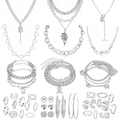 Stocking Stuffers Gold plate and Silver Plated Jewelry Sets Stocking Stuffers for Women Costume Jewelry Chain Necklace Bracelet Earrings and Rings Sets for Women Bulk Jewelry - color: JJ120Hsilver