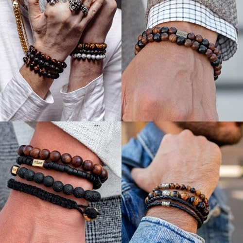 Mens Beaded Bracelets Set 8MM Tiger Eye Lava Stone Stretch Natural Stone Men's Bead Bracelet Mens Bracelet - color: 4,white,blue