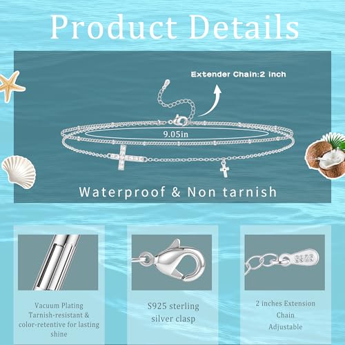 Sterling Silver Ankle Bracelets for Women 14K Gold Waterproof Layered Stackable Bead Chain Cross Charm Non Tarnish Large Adjustable Anklet for Summer Beach Jewelry Gift - color: silverB