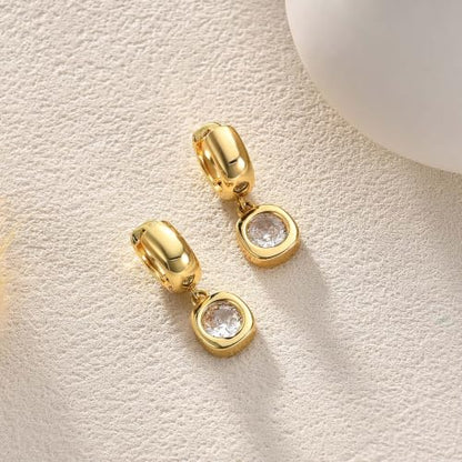 Gold Chunky Dangle Earrings for Women, Bezel Set Cubic Zirconia Charm | 14K Gold Silver Plated, Statement Huggie Hoops Drop Earrings, Trendy Jewelry Gifts, High Grade CZ, Hypoallergenic Lightweight - color: GD-Round CZ Hoop