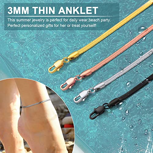 Adjustbale Link Chain Anklet for Women Summer Jewelry, 316L Stainless Steel Figaro/Wheat/Twist Rope/Cuban Foot Bracelet-Waterproof, Resizable 9"-12" (Gift Box Included) - color: 6, Herringbone - Stainless Steel-3mm