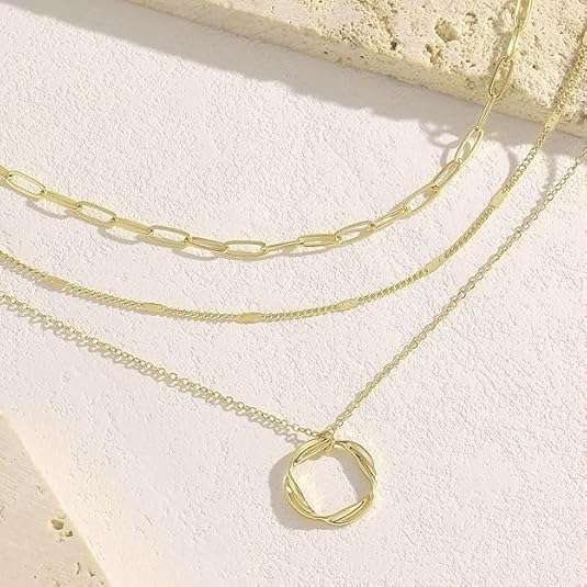 Evabelle Gold Layered Necklace for Women Trendy Jewelry 14K Real Gold Plated Chunky Chain Stackable Necklaces Dainty Choker Necklaces Rectangle Square Pendant - color: Gold Necklace 09