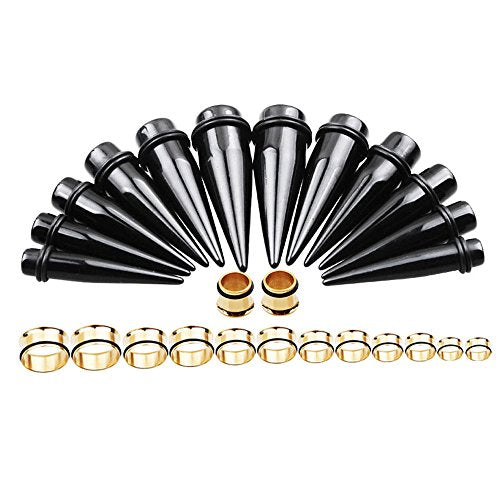 TOPBRIGHT 24PCS UV Acrylic Tapers and Surgical Steel Plugs Ear Gauges Kit Eyelets Stretching Set 00G-20mm - color: Gold
