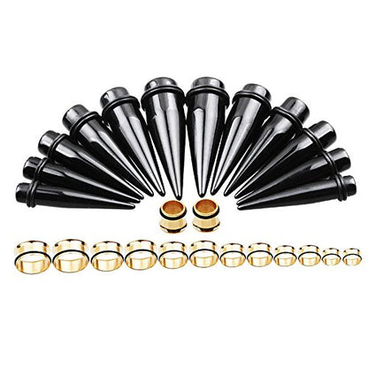 TOPBRIGHT 24PCS UV Acrylic Tapers and Surgical Steel Plugs Ear Gauges Kit Eyelets Stretching Set 00G-20mm - color: Gold