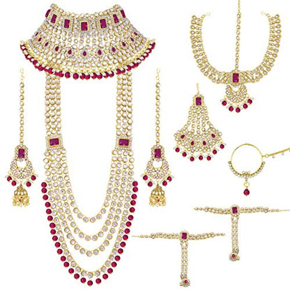 Aheli Traditional Wedding Indian Bharatanatyam jewellery set Long Choker Necklace Earrings Maang Tikka Nath Paasa Hath Phool for Women - color: Rani Pink