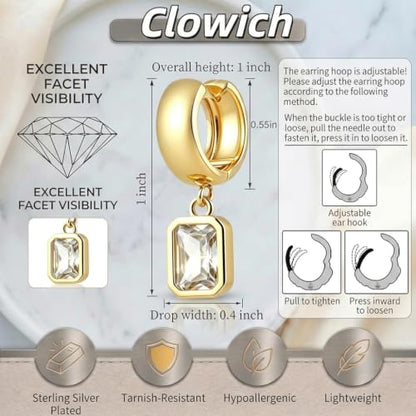 Dangle Flower Gold Earrings for Women, Trendy Statement Hoop Earrings, Gold Floral Drop Earrings Jewelry for Gifts - color: Rectangle 14K gold CZ