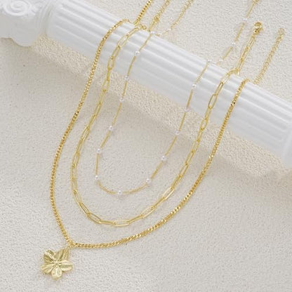 YEEZII Layered Gold Necklaces for Women Trendy, 3 Pcs 14K Gold Plated Choker Paperclip Box Chain Necklace, Stackable Women's Gold Pendant Necklaces Jewelry Set - color: Gold-3 Pcs-Flower