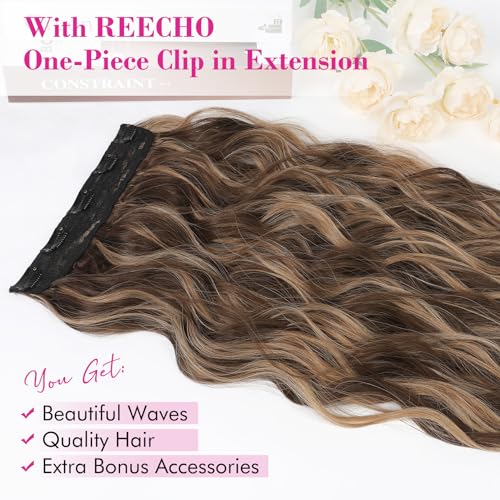 REECHO Clip in Hair Extensions, 20” One Piece Hair Extension Clip in Wefts Long Thick Beach Wavy Natural Soft Synthetic Hairpieces for Women, Chocolate Brown with Blonde Highlights - color: Chocolate Brown with Blonde Highlights - Wavy, size: 20 Inch (Pac
