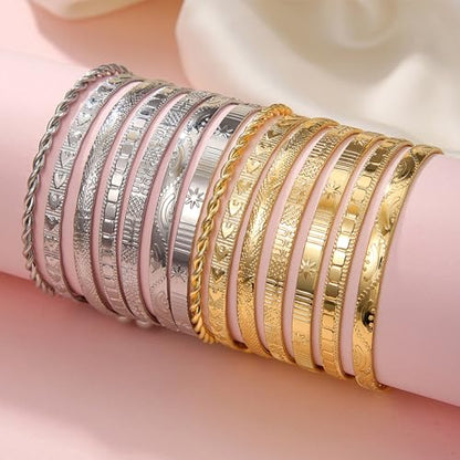 IFKM Gold Bangle Bracelets For Women, 14k Gold Plated Multi Layer Stackable Cuff Bracelet Set, Trendy Elegance Charms Non Tarnish Minimalist Textured Boho Jewelry Gift for Women - style: 7pcs Hexawn star twist silver