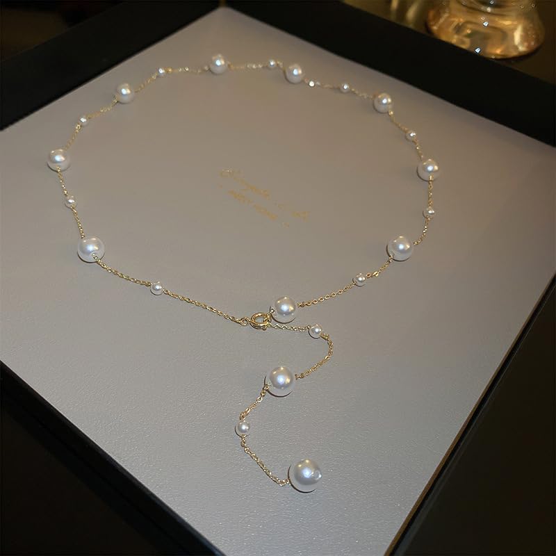 Women's Gold Tone Faux Pearl Lariat Necklace - Y-Shape Dainty Station Chain with Drop Tassel, Classy Sweater Neck Accessory for Wedding & Date