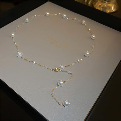 Women's Gold Tone Faux Pearl Lariat Necklace - Y-Shape Dainty Station Chain with Drop Tassel, Classy Sweater Neck Accessory for Wedding & Date