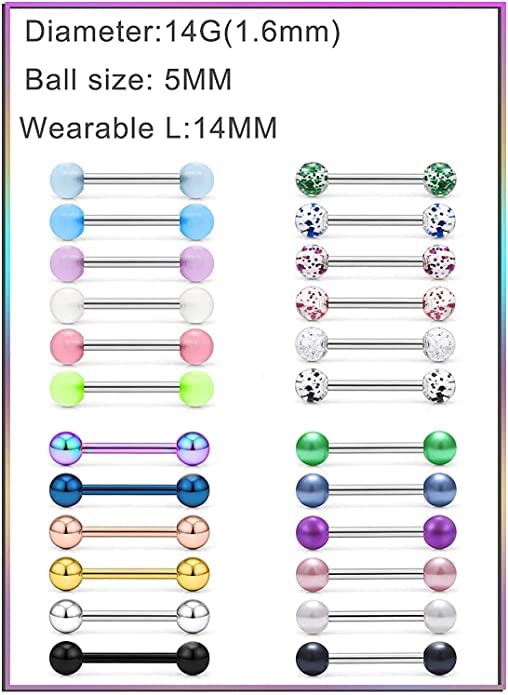 VCMART Nipple Rings Tongue Rings Stainless Steel 14G Straight Barbells Piercing Jewelry 12mm,14mm,16mm,18mm - color: 9 -14mm