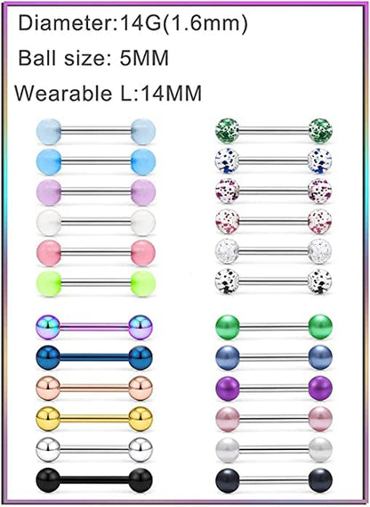 VCMART Nipple Rings Tongue Rings Stainless Steel 14G Straight Barbells Piercing Jewelry 12mm,14mm,16mm,18mm - color: 9 -14mm