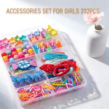 Rosvia Hair Accessories for Girls, 232 Pcs Mini Hair Clips Set with Small Claw Clips Elastic Hair Ties Rubber Bands Butterfly Hair Clips with Organizer Box for Toddler, Kids