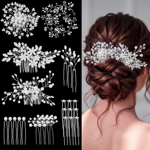 Maitys 44 Pieces Wedding Hair Accessories Faux Pearl Crystal Comb Clips U-shaped Flower Rhinestone Silver Pearl Hair Pieces for Prom Bride Bridesmaid(Delicate Style) - style: Delicate Style