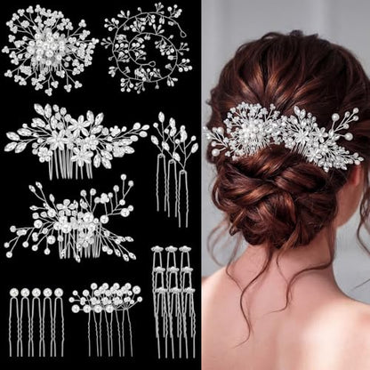Maitys 44 Pieces Wedding Hair Accessories Faux Pearl Crystal Comb Clips U-shaped Flower Rhinestone Silver Pearl Hair Pieces for Prom Bride Bridesmaid(Delicate Style) - style: Delicate Style