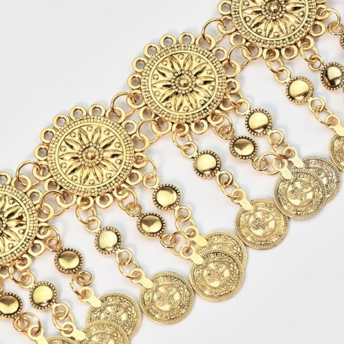 CHIC DIARY Metal Chain Belt for Women Coin Belly Link Tassel Belt for Dress | Boho Style Coin Pendant Tassel Belt Gold/Silver Adjustable Concho Belly Dance Belts for Dresses Skirts Jeans - color: Gold-dance