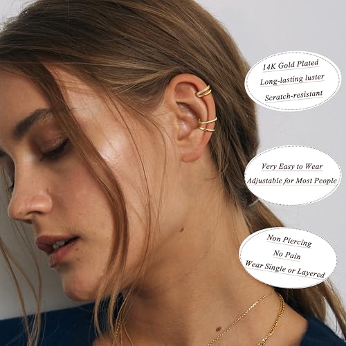 Ear Cuff Earrings for Women 14K Gold Plated Ear Cuffs Non Piercing Clip on Cartilage Earring Trendy Fake Earrings Hypoallergenic Huggie Hoop Clip Cuff Earring Lightweight - color: gold-twisted A