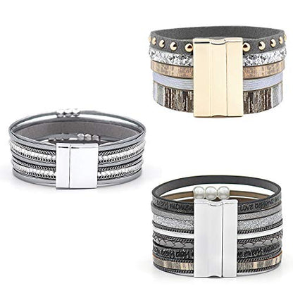 Wowanoo 3Pack Leather Cuff Bracelet Set Multilayer Wrap Bracelet Crystal Feather Tree Bracelet Magnetic Clasp Bracelet for Women - color: Grey