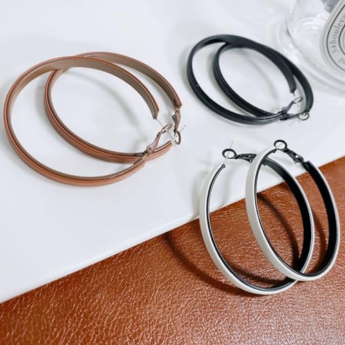 Hoop Earrings for Women Leather Hoop Earrings-Medium/Large Hoops-Lightweight hoop - color: White