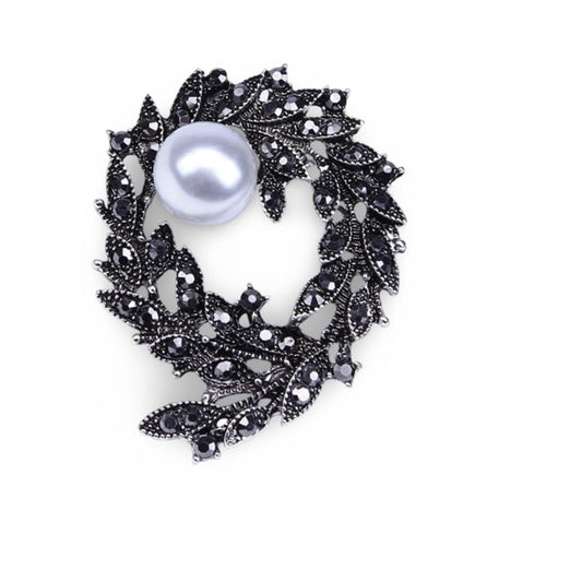 Brooch Pin, Vintage Floral Design In Antique Silver Tone Zinc Alloy With Grey Crystals And Faux Pearl Center - color: MM-BR-0122-GM